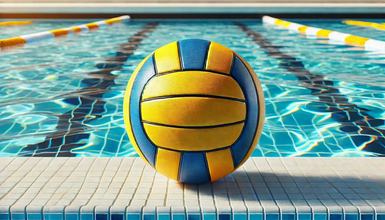 DALLÂ·E 2024-11-18 11.13.36 - A flawless and realistic water polo ball, featuring clean and evenly spaced alternating yellow and blue panels. The ball is placed on the edge of a sw.webp